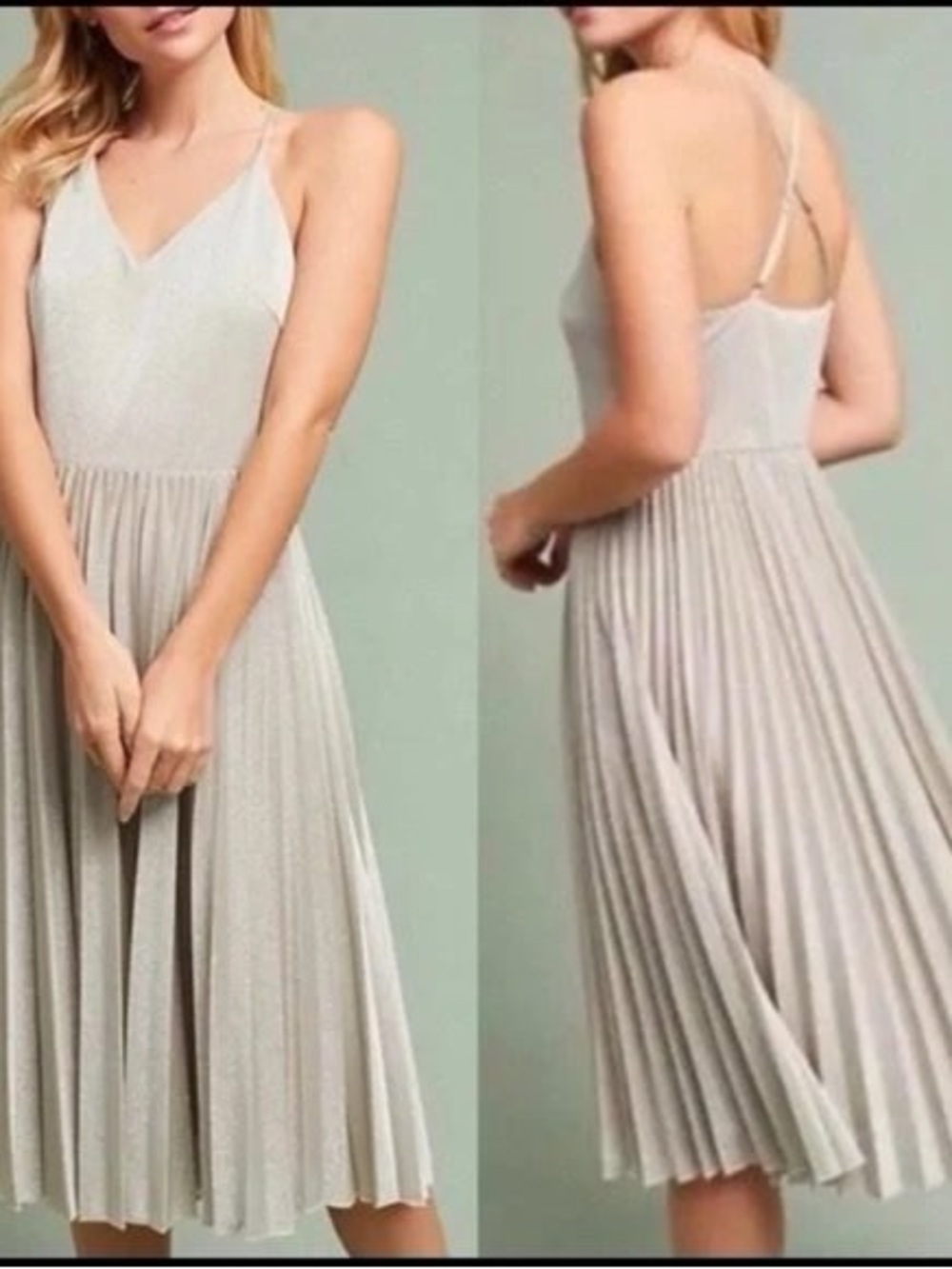 elevenses Silver Pleated Spaghetti-Strap Midi Dress